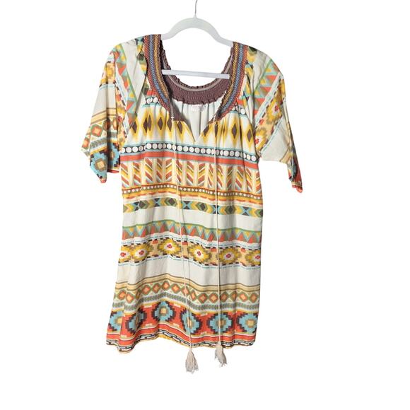 Funky People Sz L Southwestern Print Tassle Tie Tunic Dress Lined EUC Western - Picture 1 of 8
